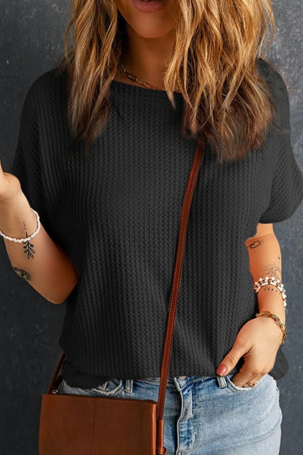 Outlet Dear-Lover Waffle Knit Boat Neck Short Sleeve Top Black