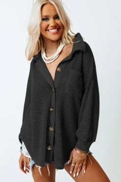 New Dear-Lover Waffle Knit Button Up Casual Shirt Black