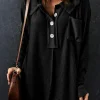 Online Dear-Lover Waffle Knit Buttoned Long Sleeve Top Black