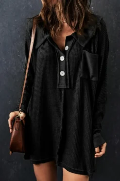 Online Dear-Lover Waffle Knit Buttoned Long Sleeve Top Black