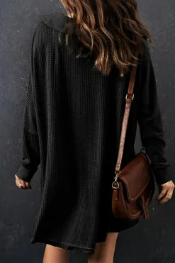 Online Dear-Lover Waffle Knit Buttoned Long Sleeve Top Black