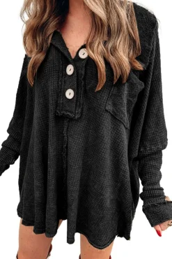 Online Dear-Lover Waffle Knit Buttoned Long Sleeve Top Black