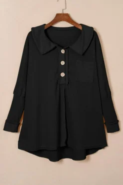 Online Dear-Lover Waffle Knit Buttoned Long Sleeve Top Black