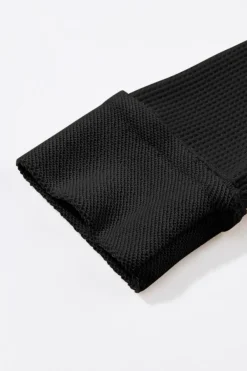 Online Dear-Lover Waffle Knit Buttoned Long Sleeve Top Black