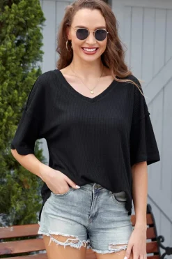 Clearance Dear-Lover Waffle Knit Drop Shoulder Loose Top Black