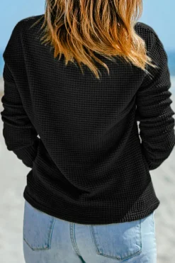 Best Dear-Lover Waffle Knit Drop Shoulder Long Sleeve Top Black