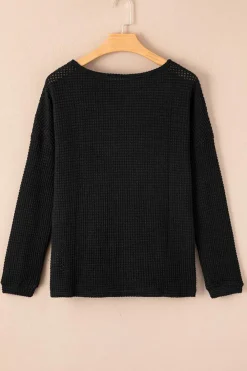 Best Dear-Lover Waffle Knit Drop Shoulder Long Sleeve Top Black