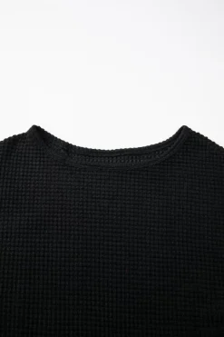 Best Dear-Lover Waffle Knit Drop Shoulder Long Sleeve Top Black