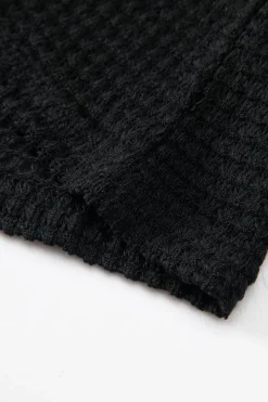 Best Dear-Lover Waffle Knit Drop Shoulder Long Sleeve Top Black