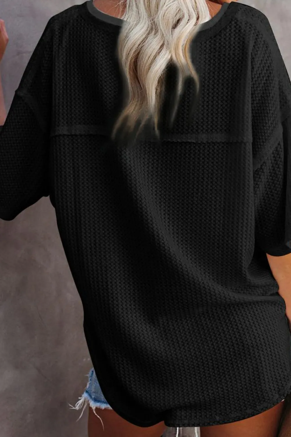 Clearance Dear-Lover Waffle Knit Drop Shoulder Loose Top Black