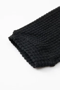 Best Dear-Lover Waffle Knit Drop Shoulder Long Sleeve Top Black