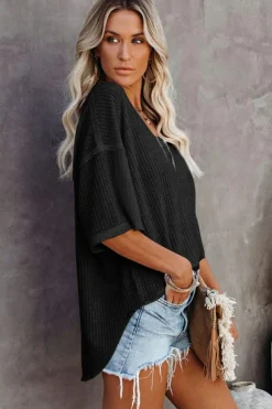 Clearance Dear-Lover Waffle Knit Drop Shoulder Loose Top Black