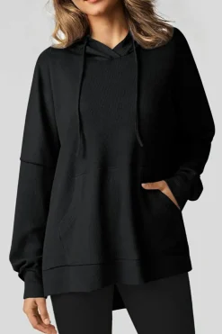 Hot Dear-Lover Waffle Knit Fleece Lined High Low Oversized Hoodie Black