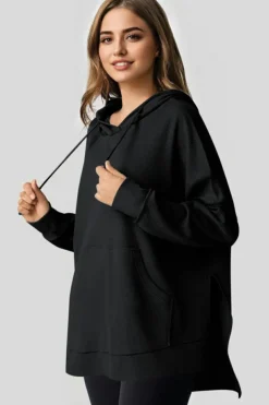 Hot Dear-Lover Waffle Knit Fleece Lined High Low Oversized Hoodie Black