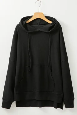Hot Dear-Lover Waffle Knit Fleece Lined High Low Oversized Hoodie Black