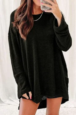 Hot Dear-Lover Waffle Knit High Slits Oversized Top Black