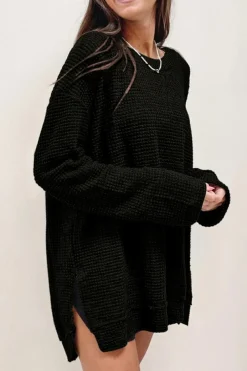 Hot Dear-Lover Waffle Knit High Slits Oversized Top Black