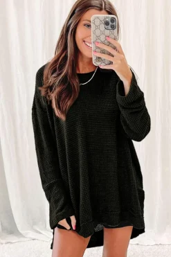 Hot Dear-Lover Waffle Knit High Slits Oversized Top Black