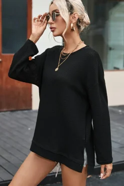 Hot Dear-Lover Waffle Knit High Slits Oversized Top Black