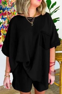 Best Dear-Lover Waffle Knit Oversize Tee and Shorts Set Black