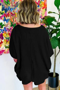 Best Dear-Lover Waffle Knit Oversize Tee and Shorts Set Black