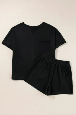 Best Dear-Lover Waffle Knit Oversize Tee and Shorts Set Black