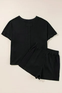 Best Dear-Lover Waffle Knit Oversize Tee and Shorts Set Black