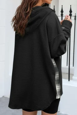 Hot Dear-Lover Waffle Knit Plaid Patchwork Drawstring Hooded Shacket Black