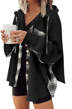 Hot Dear-Lover Waffle Knit Plaid Patchwork Drawstring Hooded Shacket Black