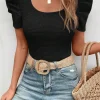 Sale Dear-Lover Waffle Knit Ruched Puff Sleeve Top Black
