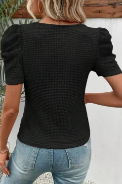 Sale Dear-Lover Waffle Knit Ruched Puff Sleeve Top Black