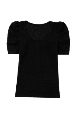 Sale Dear-Lover Waffle Knit Ruched Puff Sleeve Top Black