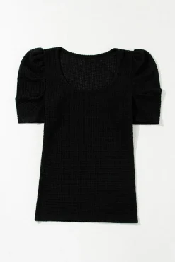 Sale Dear-Lover Waffle Knit Ruched Puff Sleeve Top Black