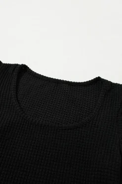 Sale Dear-Lover Waffle Knit Ruched Puff Sleeve Top Black