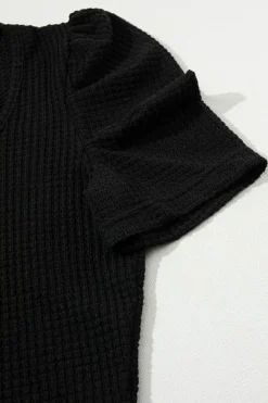 Sale Dear-Lover Waffle Knit Ruched Puff Sleeve Top Black