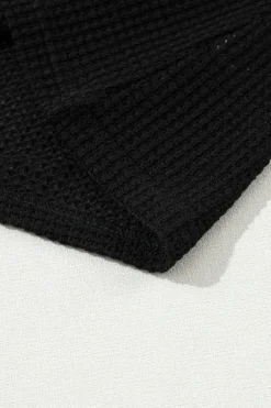 Sale Dear-Lover Waffle Knit Ruched Puff Sleeve Top Black