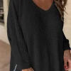 Sale Dear-Lover Waffle Knit Side Slits Loose Fit V Neck Top Black