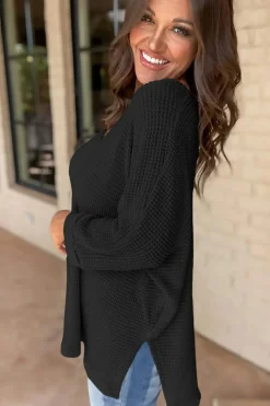 Sale Dear-Lover Waffle Knit Side Slits Loose Fit V Neck Top Black