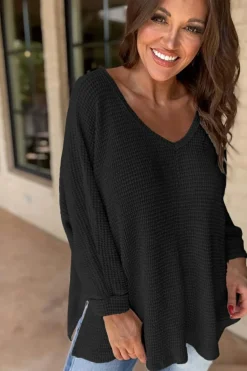 Sale Dear-Lover Waffle Knit Side Slits Loose Fit V Neck Top Black