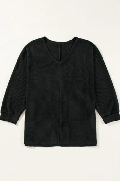 Sale Dear-Lover Waffle Knit Side Slits Loose Fit V Neck Top Black