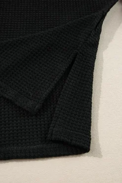 Sale Dear-Lover Waffle Knit Side Slits Loose Fit V Neck Top Black