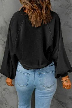 Discount Dear-Lover Washed Snap Buttons Lantern Sleeve Pullover Sweatshirt Black
