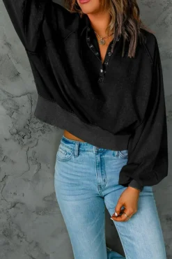 Discount Dear-Lover Washed Snap Buttons Lantern Sleeve Pullover Sweatshirt Black
