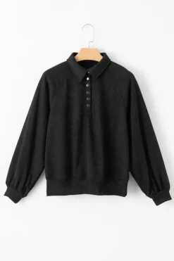 Discount Dear-Lover Washed Snap Buttons Lantern Sleeve Pullover Sweatshirt Black