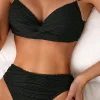 Fashion Dear-Lover Wavy Textured Ruffled Straps Twist Bikini Swimsuit Black
