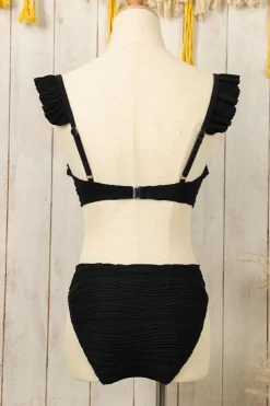 Fashion Dear-Lover Wavy Textured Ruffled Straps Twist Bikini Swimsuit Black