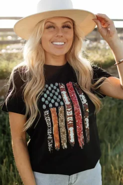 Best Dear-Lover Western American Flag Graphic Tee Black