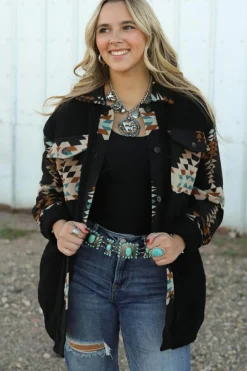 Online Dear-Lover Western Aztec Print Accent Fleece Shacket Black