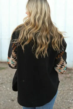 Online Dear-Lover Western Aztec Print Accent Fleece Shacket Black