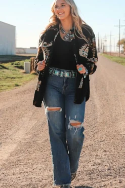 Online Dear-Lover Western Aztec Print Accent Fleece Shacket Black